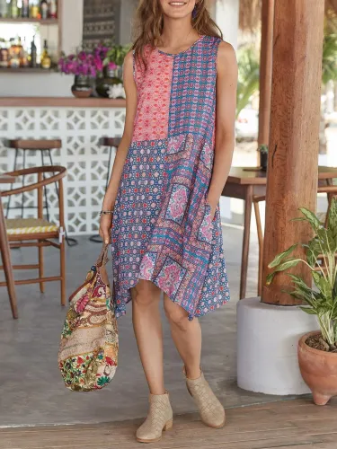 Floral Cotton-Blend Boho Round Neck Dresses