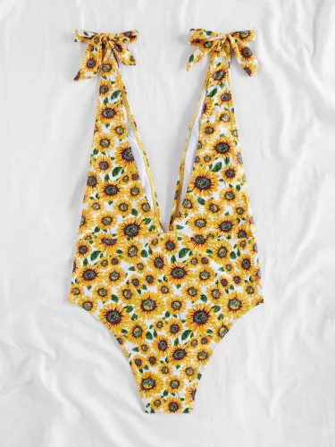 Sunflower Print Tied Shoulder Plunging Swimsuit