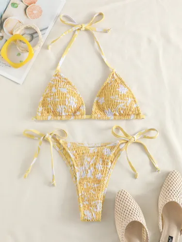 Daisy Print Smocked Halter Bikini