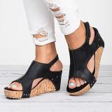 Plus Size Peep Toe PU Wedges Blocking Hook-Loop Wedge Sandals