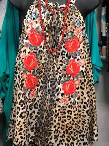 Sleeveless Leopard Cotton-Blend Romantic Shirts & Tops