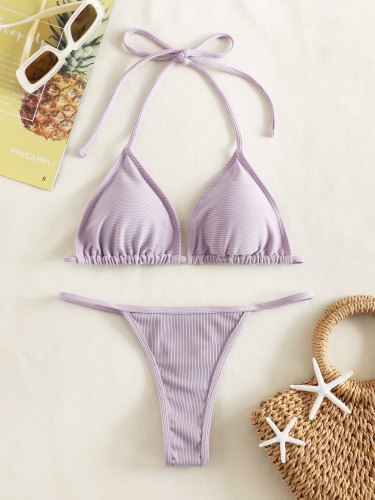 Solid Ribbed Thong Halter Bikini