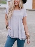 Casual western style plus size loose lace short sleeve round neck T-shirt