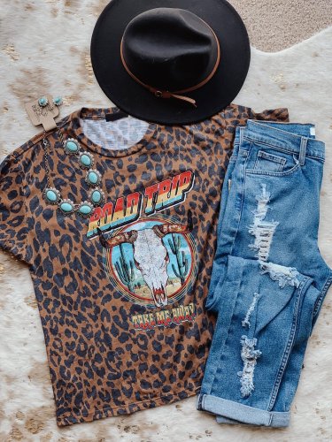 Cowgirl Leopard Vintage Ombre/tie-Dye Jersey Short Sleeve Shirts & Tops