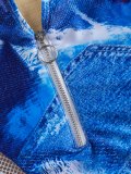 Ripped Denim Print Zipper Decor Plunge Halter Neck Swimsuit