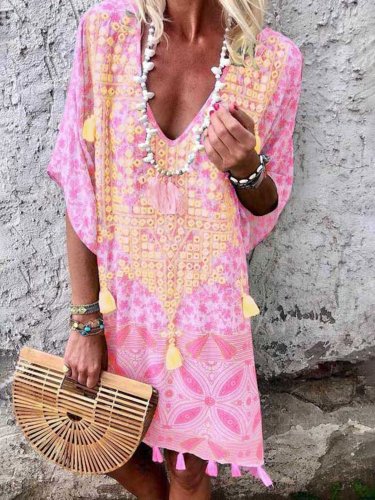 Floral Tassel Printed Casual Summer Above  Knee Shift Dresses #653094