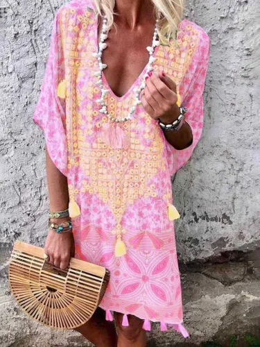 Floral Tassel Printed Casual Summer Above  Knee Shift Dresses #653094