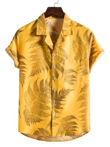 Plant Printing Cotton V Neck Short Sleeve Shirts