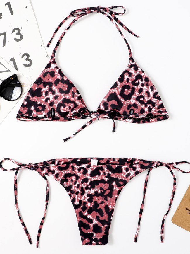 Leopard Print Tie Side Halter Bikini