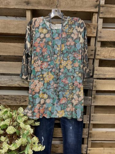 Floral Crew Neck Cotton-Blend 3/4 Sleeve Shirts & Tops