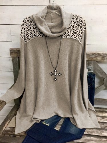 Cotton-Blend Long Sleeve Leopard Shirts & Tops