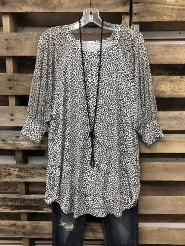 Leopard 3/4 Sleeve O-Neck Shirts & Tops