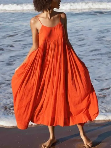 Orange Red Swing Spaghetti Cotton Holiday Dresses