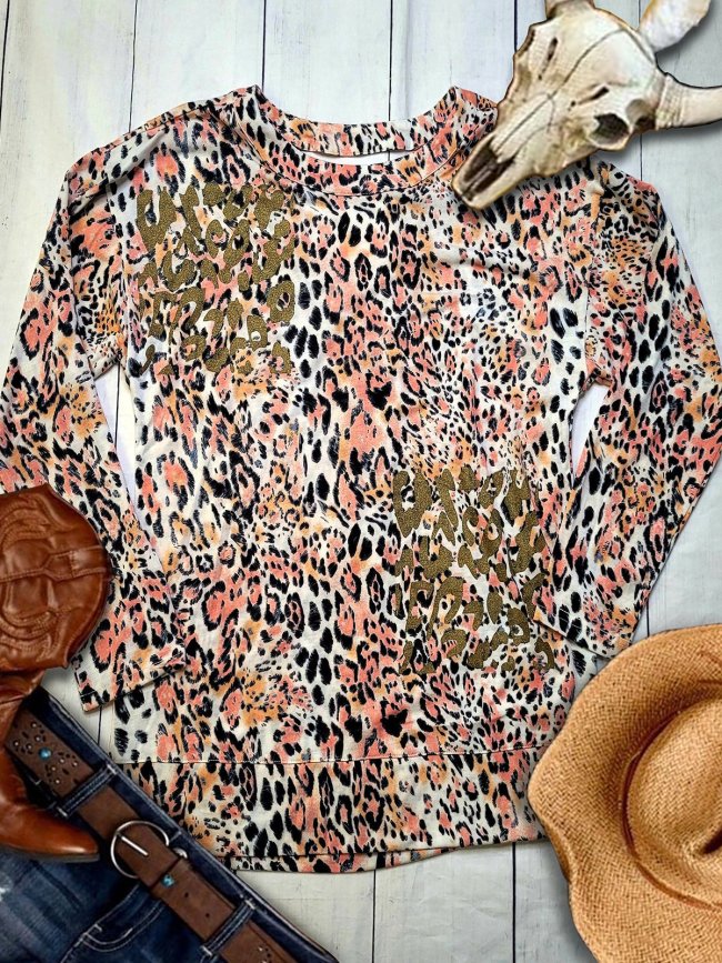 Long Sleeve Leopard Crew Neck Vintage Shirts & Tops
