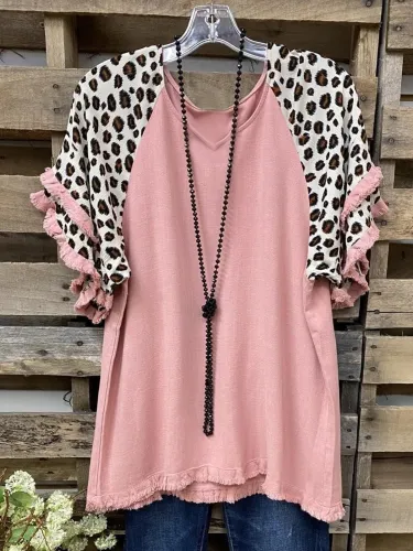 Vintage Leopard Printed Tassel Plus Size Short Sleeve V Neck Casual Tops