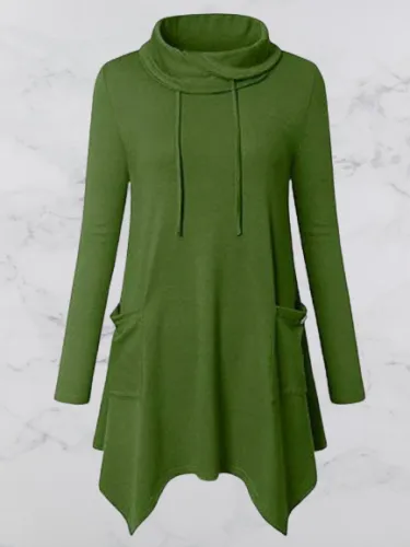 Green Long Sleeve Plain Cotton-Blend Shirts & Tops