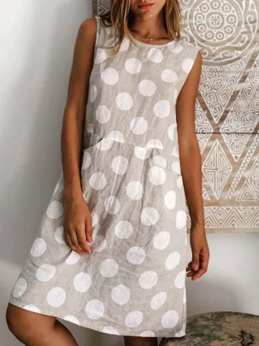 Apricot Sleeveless Cotton-Blend Crew Neck Dresses