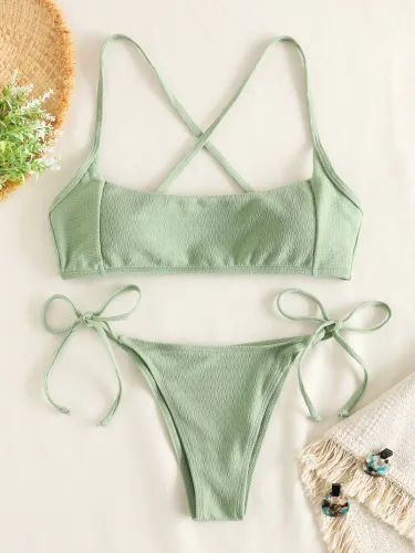 Solid Side Tie Thong Bikini