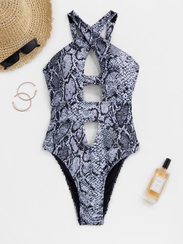 Snake Print Cut Out One-Piece Swimsuit