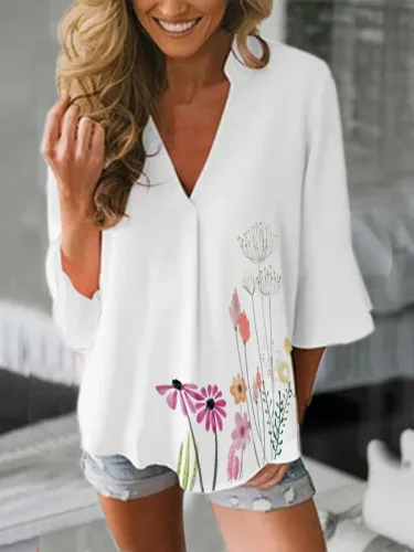 V Neck 3/4 Sleeve Floral Shirts & Tops