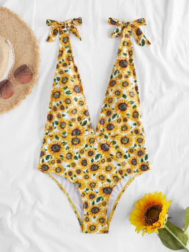 Sunflower Print Tied Shoulder Plunging Swimsuit