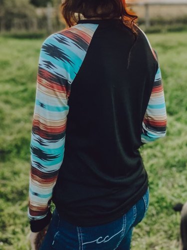 Black Cotton-Blend Long Sleeve Printed Geometric Shirts & Tops