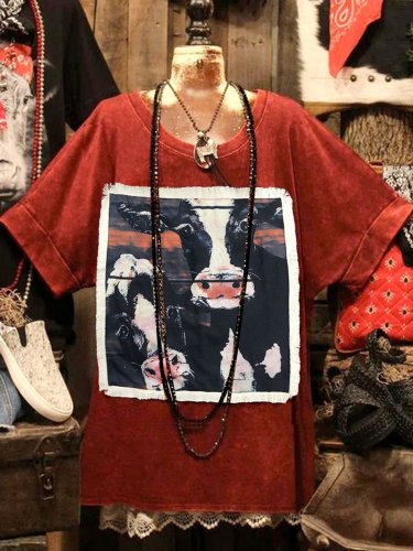 Red Printed Crew Neck Vintage Shirts & Tops