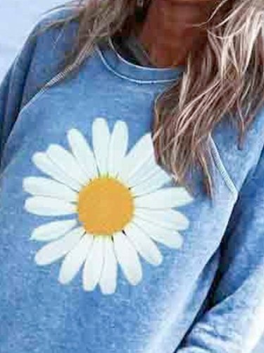 Blue Cotton-Blend Crew Neck Floral Casual Shirts & Tops