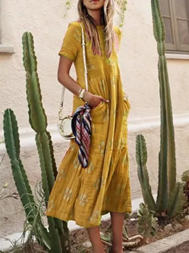 Pockets Cotton-Blend Short Sleeve Dresses