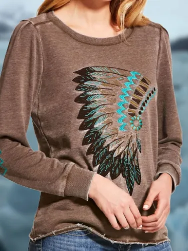 Round Neck Cotton-Blend Long Sleeve Color-Block Shirts & Tops