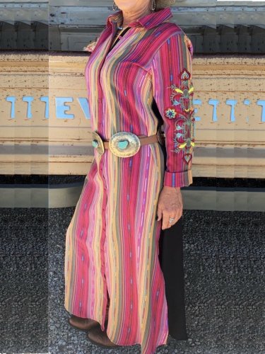 Cotton-Blend Long Sleeve Stripes Dresses