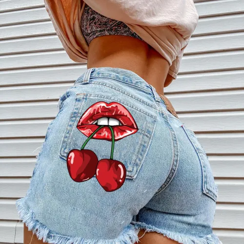 Fashion Wash Blue Jeans shorts chreey mouth