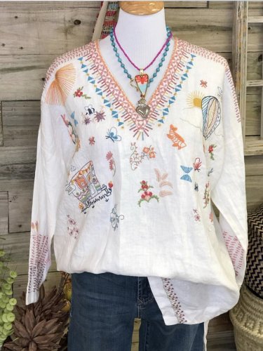 Boho Long Sleeve Vintage Butterfly Floral-Print Shirts & Tops