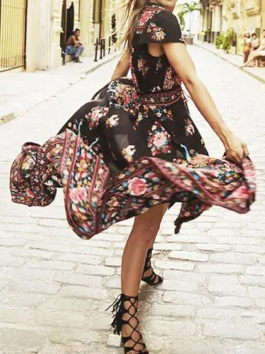 V neck Red Women Daily Short Sleeve Paneled Floral Floral Dress
