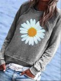 Blue Cotton-Blend Crew Neck Floral Casual Shirts & Tops