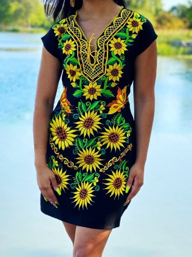 Short Sleeve Floral-Print Tribal Dresses