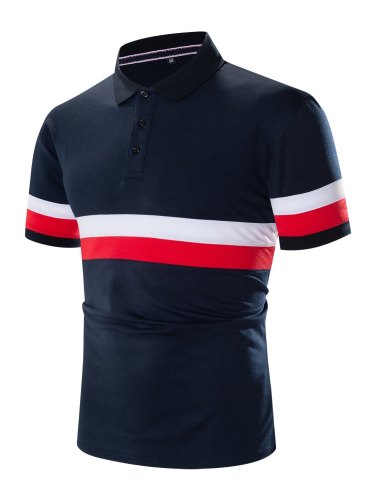 Men's striped stitching casual polo shirt
