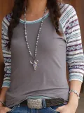 Casual Paneled 3/4 Sleeve Cotton-Blend Shirts & Tops