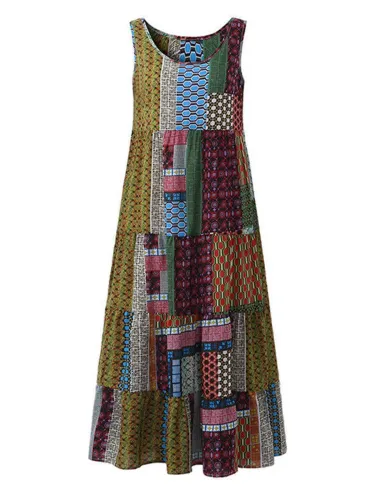 Crew Neck Women Dresses Shift Daytime Printed Patchwork Maxi Dresses