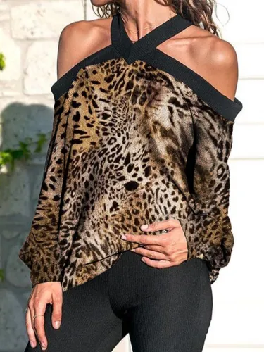 Long Sleeve Vintage Leopard Off Shoulder Shirts & Tops