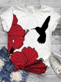 Casual short-sleeved T-shirt with flower and bird print