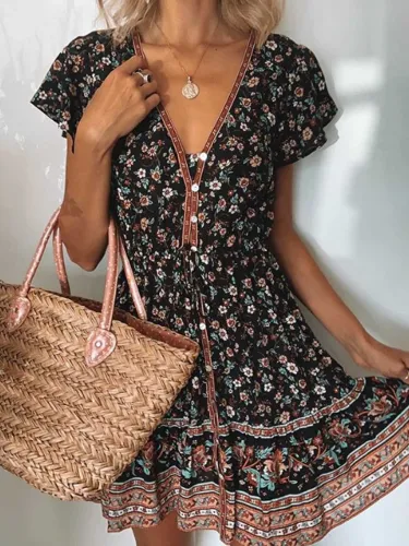 Multicolor Short Sleeve Printed Casual Cotton Dresses