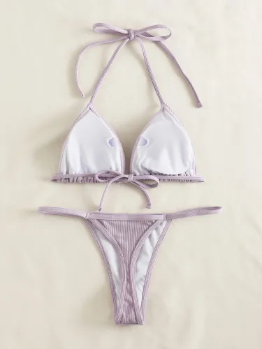 Solid Ribbed Thong Halter Bikini