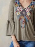 3/4 Sleeve V Neck Floral Shirts & Tops