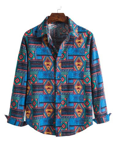 Men's Geometric Ethnic Print Cuffed Shirt