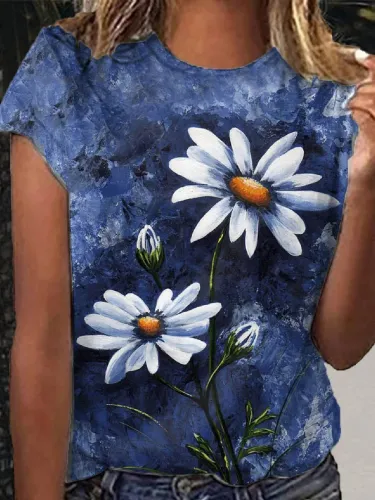 Crew Neck Short Sleeve Floral-Print Casual Shirts & Tops