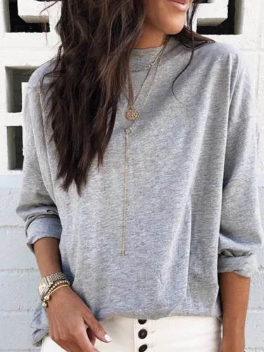 Crew Neck Long Sleeve Plain Cotton Shirts & Tops