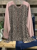 Pink Round Neck Casual Leopard Shirts & Tops