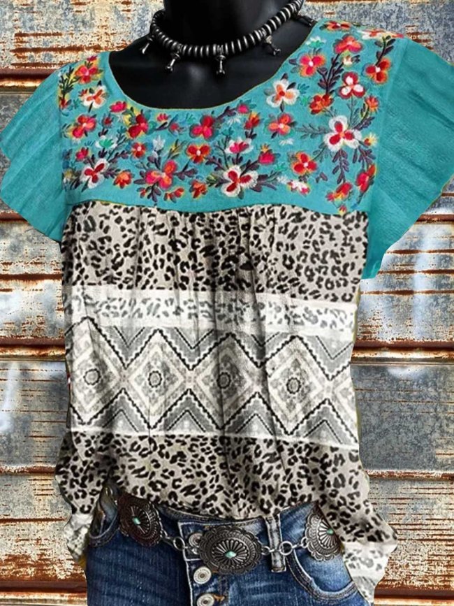 Short Sleeve Crew Neck Vintage Cotton-Blend Shirts & Tops