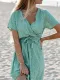 Green Short Sleeve Shift Polka Dots V Neck Dresses With Necklace
